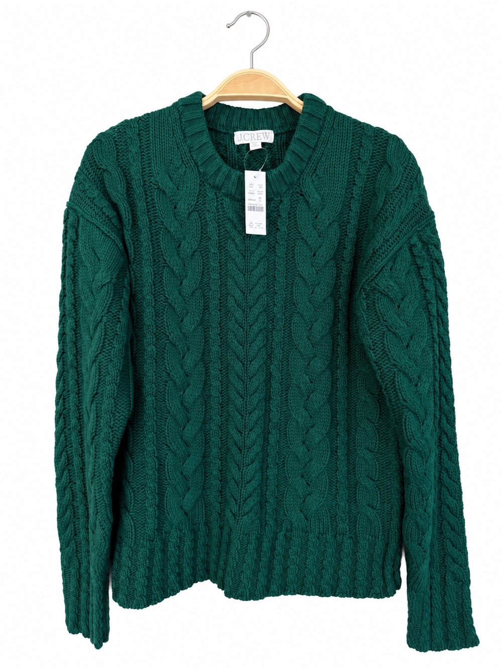 J. Crew Cable Knit Crewneck Sweater Green 100% Cotton NWT Size Small